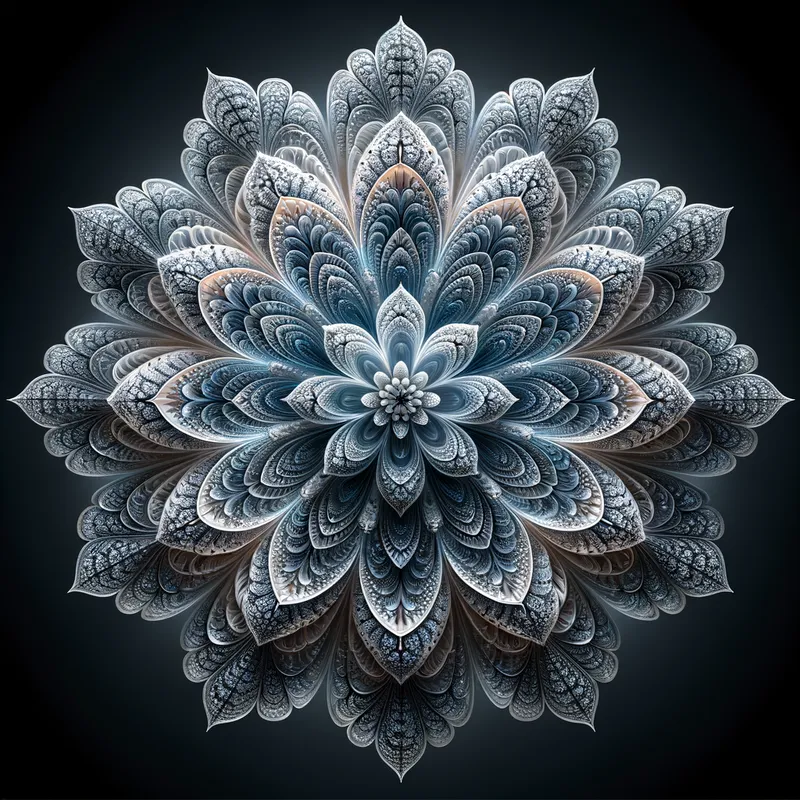 Fractal Glass Blossom - An intricate, symmetrical flower with fractal patterns, each petal meticulously designed from glass showcasing detailed textures and reflections. - AI image generated with DALL-E 3
