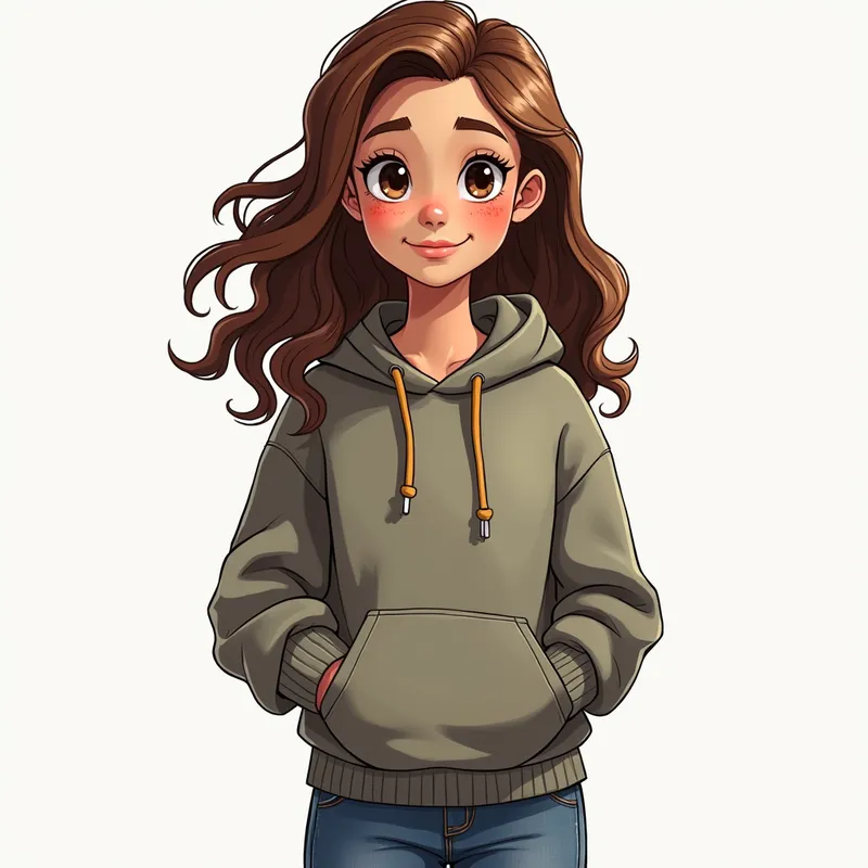 Freckle-Faced Teen - A teenage girl with brown, wavy hair, freckles, and brown eyes, wearing a hoodie and jeans, standing in a casual pose. - AI image generated with Photorealistic 2