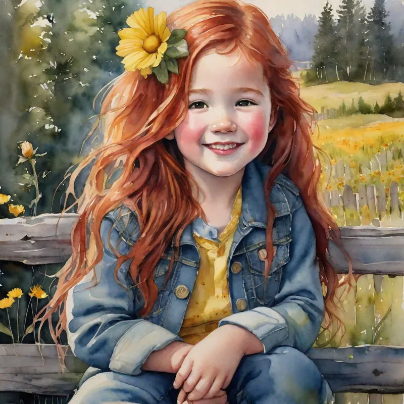 Freckled Redhead's Whimsy - whimsical watercolor, soft airbrushed of a young toddler girl with long messy red hair with a yellow flower in her hair, smiling, eyes closed, rosy red cheeks with a few freckles, wearing a jean jacket, plaid shirt, she is leaning on an old wooden fence, facing the camera. her elbows on the top of the fence, her chin resting in the palms of her hands, background a country scene, ultra detailed - AI image generated with Fictional - water splashes, dynamic pose, photorealistic