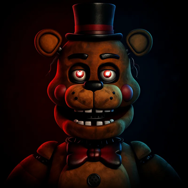 Freddy's Dual Face - A captivating visual of Freddy featuring a red bow tie. His face is divided with one half in red and the other in black, featuring strikingly bright white eyes that command attention. - AI image generated with Imagen 3