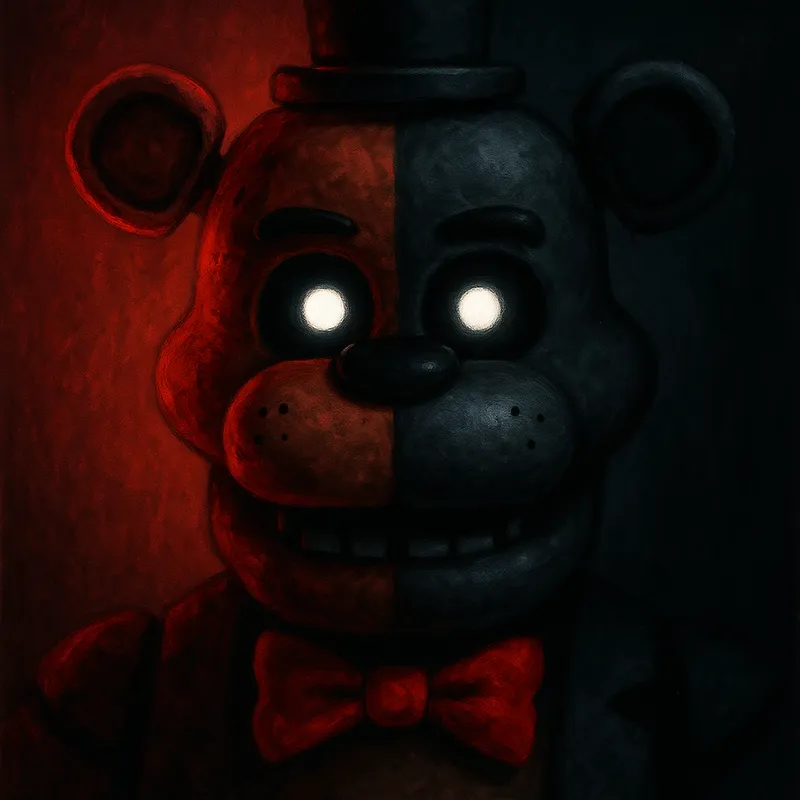 Freddy's Dual Face - A captivating visual of Freddy featuring a red bow tie. His face is divided with one half in red and the other in black, featuring strikingly bright white eyes that command attention. - AI image generated with GPT Image