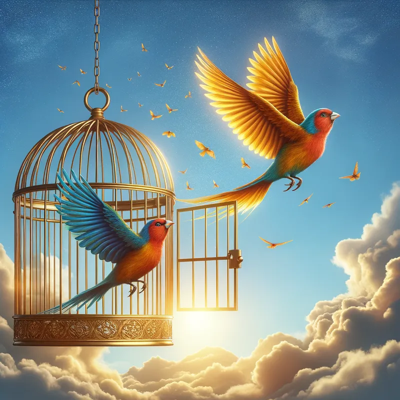 Freedom Flight - Two vibrant birds soaring out of an open golden cage, wings spread wide against a clear blue sky, symbolizing freedom and escape. - AI image generated with Art