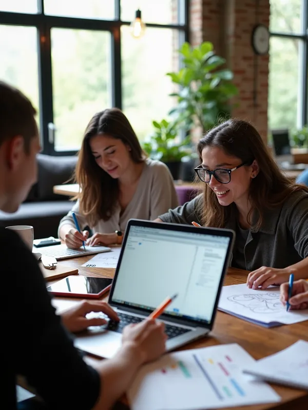 Freelance Workers Collaboration - A lively scene showcasing freelance workers engaged in various tasks. The image captures a diverse group of individuals working on laptops, sketching ideas, discussing projects, and taking notes. The setting could be a modern coworking space with large windows, natural light, and a mix of seating arrangements like couches and desks. People are casually dressed, emphasizing a relaxed yet productive atmosphere. - AI image generated with Photorealistic 2