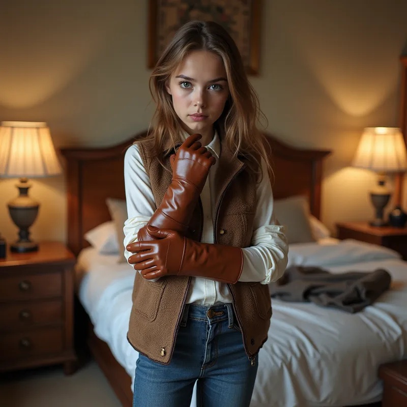French Fashion Command - A pretty French girl stands confidently in her bedroom, wearing a chic gilet, shiny and stiff brown leather gloves, low-slung jeans, and matching glossy brown cowboy boots. She fixes the viewer with a dominant and disdainful glare. - AI image generated with Photorealistic 2