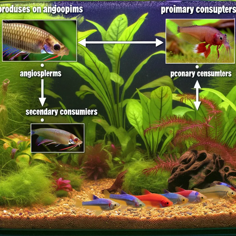 Freshwater Food Web - Title: Freshwater Aquarium Food Chain

Layout:
	•	Background: A realistic freshwater aquarium scene with natural lighting. The substrate is visible, showing fine gravel and bits of decomposing plant material, hinting at a bustling microbial world.
	•	Foreground Layers: Arranged in clearly defined horizontal tiers from bottom to top, each labeled with its role in the ecosystem.

Layer 1: Producers (Angiosperms)
	•	Visuals: Lush, vibrant aquarium plants such as Amazon Sword and Anubias, depicted at the bottom of the image.
	•	Label: “Producers (Angiosperms)”
	•	Note: Emphasize that there are no gymnosperms present.

Layer 2: Primary Consumers
	•	Components:
	•	Mystery Snails – Shown nibbling on algae and decaying plant matter.
	•	Amano Shrimp & Cherry Shrimp – Depicted actively cleaning surfaces and feeding on biofilm.
	•	Corydoras – Illustrated as bottom-dwelling fish scavenging for leftover food.
	•	Label: “Primary Consumers”
	•	Arrows: Draw arrows upward from the plants to these creatures, indicating they derive nutrients from the producers.

Layer 3: Secondary Consumers (Regular Predators)
	•	Component:
	•	Neon Tetras – Displayed in a small school, gently preying on micro-invertebrates or smaller particles.
	•	Label: “Secondary Consumers”
	•	Arrows: Connect the primary consumers to the neon tetras.

Layer 4: Apex Predators
	•	Component:
	•	Two Female Betta Fish – Positioned at the top of the diagram, depicted as the dominant figures.
	•	Label: “Apex Predators”
	•	Arrows: Indicate that the bettas are at the top of the food chain with arrows coming down from them to the neon tetras and other smaller organisms.

Additional Element:
	•	Decomposers (Bacteria & Fungi):
	•	Visuals: Represented subtly near the substrate with a creative touch (perhaps with a faint glow or abstract microscopic imagery) to indicate their role in breaking down waste and recycling nutrients.
	•	Label: “Decomposers (Bacteria & Fungi)”
	•	Arrows: Small arrows from decomposers back to the plants to illustrate the nutrient cycle.

Artistic Style:
	•	A blend of scientific clarity with an artistic, vibrant underwater scene.
	•	Clear, legible labels and arrows that neatly illustrate the food chain.
	•	Realistic depictions of each species with accurate colors and textures.
	•	The overall image should be balanced, with each tier easily distinguishable and the relationships between organisms visually clear.

Make this into a highly detailed food chain image - AI image generated with Art