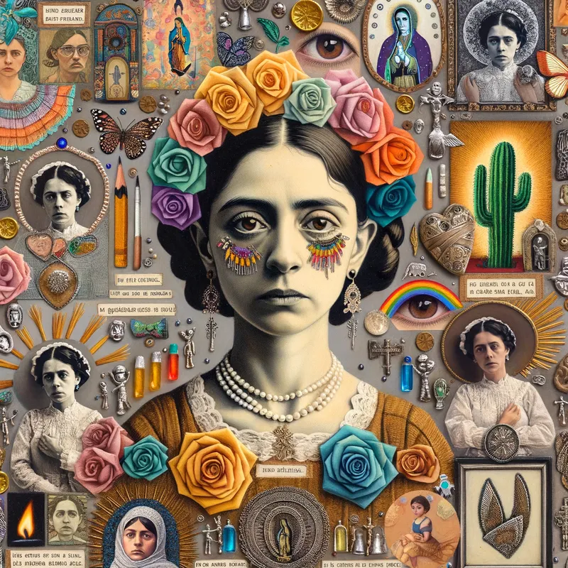 Frida Kahlo Life & Art Collage - Create a placement size collage of Frida Kahlo.Using photos of her throughout her life.And pictures of her artwork.Decorate it with Mexican authentic.Details and.Silver Milagros.Also throughout the collage.Add her most emotional quotes.English language. - AI image generated with Art