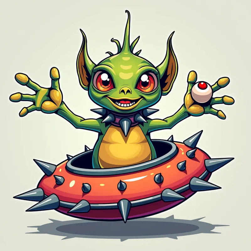 Friendly Alien in Gothic Spaceship - Detailed line art illustration A cartoonish, brightly coloured alien creature, positioned centrally in the image. The creature has a bulbous, teardrop shape body, and three large, expressive eyes. a hand extends from its head with a eyeball sitting in the palm. It is wearing a gothic collar with enormous metal spikes sticking out of it. The creature has a cheerful, grinning expression, with visible, cartoonish teeth. Its arms, also brightly coloured, are outstretched in a welcoming gesture. The creature is sitting in a brightly coloured spaceship with metal spikes sticking out from the sides. The background is a plain, light gray. The style is vibrant, playful, and exaggerated, with bold outlines and bright colors. The lighting is even, casting no significant shadows. The creature's pose is friendly and inviting. The overall impression is of a friendly, cartoon alien character. - AI image generated with Photorealistic 2