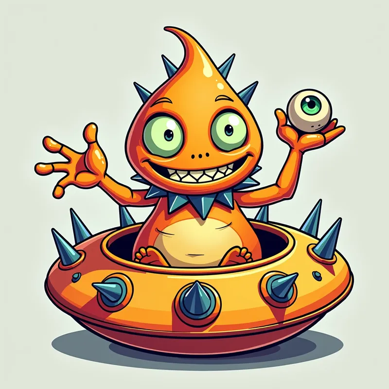Friendly Alien in Gothic Spaceship - Detailed line art illustration A cartoonish, brightly coloured alien creature, positioned centrally in the image. The creature has a bulbous, teardrop shape body, and three large, expressive, light-green eyes. a hand extends from its head with a eyeball sitting in the palm. It is wearing a gothic collar with enormous metal spikes sticking out of it. The creature has a cheerful, grinning expression, with visible, cartoonish teeth. Its arms, also orange, are outstretched in a welcoming gesture. The creature is sitting in a brightly coloured spaceship with metal spikes sticking out from the sides. The background is a plain, light gray. The style is vibrant, playful, and exaggerated, with bold outlines and bright colors. The lighting is even, casting no significant shadows. The creature's pose is friendly and inviting. The overall impression is of a friendly, cartoon alien character. - AI image generated with Photorealistic 2