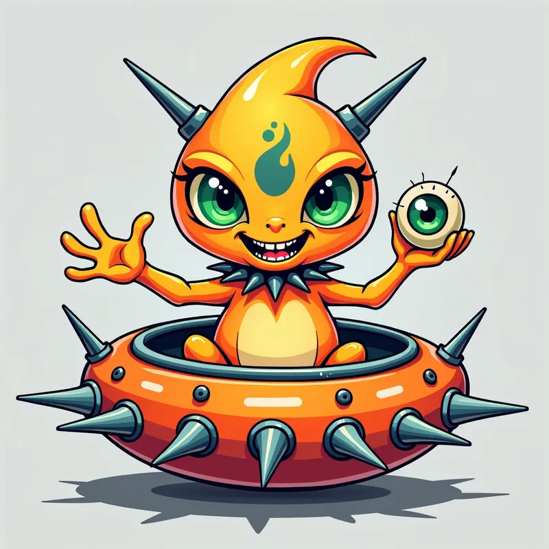 Friendly Alien in Spiked Spaceship - Detailed line art illustration A cartoonish, brightly coloured alien creature, positioned centrally in the image. The creature has a bulbous, teardrop shape body, and three large, expressive, light-green eyes. a hand extends from its head with a eyeball sitting in the palm. It is wearing a gothic collar with enormous metal spikes sticking out of it. The creature has a cheerful, grinning expression, with visible, cartoonish teeth. Its arms, also orange, are outstretched in a welcoming gesture. The creature is sitting in a brightly coloured spaceship with metal spikes sticking out from the sides. The background is a plain, light gray. The style is vibrant, playful, and exaggerated, with bold outlines and bright colors. The lighting is even, casting no significant shadows. The creature's pose is friendly and inviting. The overall impression is of a friendly, cartoon alien character. - AI image generated with Photorealistic 2