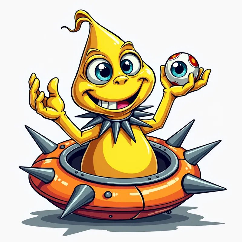 Friendly Alien in Spiky Spaceship - Detailed line art illustration A cartoonish, brightly coloured alien creature, positioned centrally in the image. The creature has a bulbous, teardrop shape body, and three large, expressive eyes. a hand extends from its head with a eyeball sitting in the palm. It is wearing a gothic collar with enormous metal spikes sticking out of it. The creature has a cheerful, grinning expression, with visible, cartoonish teeth. Its arms, also brightly coloured, are outstretched in a welcoming gesture. The creature is sitting in a brightly coloured spaceship with metal spikes sticking out from the sides. The background is a plain, light gray. The style is vibrant, playful, and exaggerated, with bold outlines and bright colors. The lighting is even, casting no significant shadows. The creature's pose is friendly and inviting. The overall impression is of a friendly, cartoon alien character. - AI image generated with Photorealistic 2
