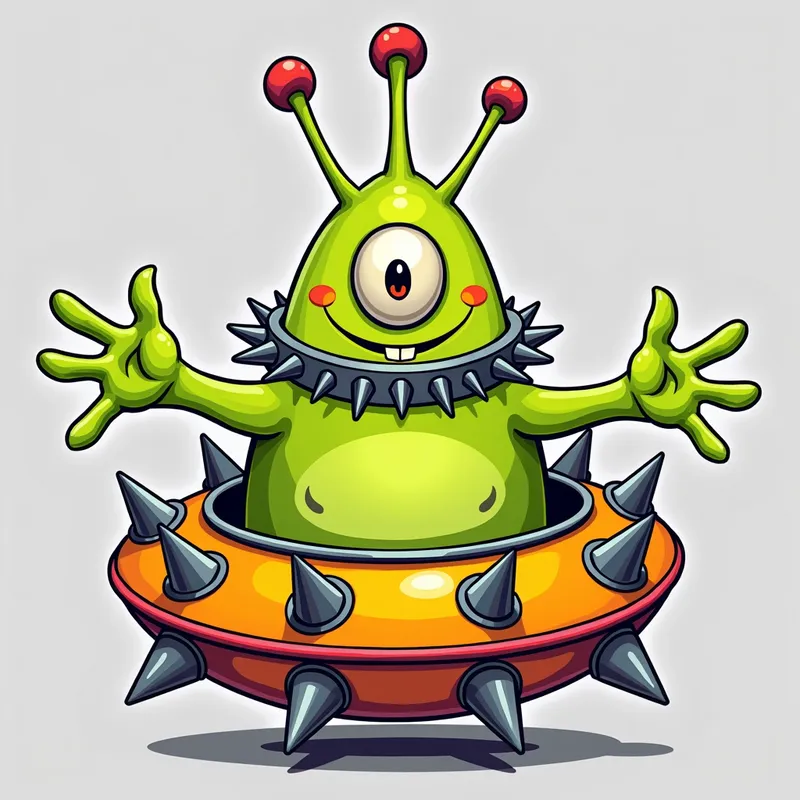 Friendly Alien in Spiky Spaceship - /imagine prompt:Detailed line art illustration A cartoonish, bright green alien creature, positioned centrally in the image. The creature has a bulbous, teardrop shape body, and one large, expressive eye in the middle of its forehead Three oddly shaped fleshy appendages stick straight out from the top of its headi. It is wearing a gothic collar with enormous metal spikes sticking out of it. The creature has a cheerful, grinning expression, with visible, cartoonish teeth. Its arms, also brightly coloured, are outstretched in a welcoming gesture. The creature is sitting in a brightly coloured spaceship with metal spikes sticking out from the sides. The background is a plain, light gray. The style is vibrant, playful, and exaggerated, with bold outlines and bright colors. The lighting is even, casting no significant shadows. The creature's pose is friendly and inviting. The overall impression is of a friendly, cartoon alien character. - AI image generated with Photorealistic 2