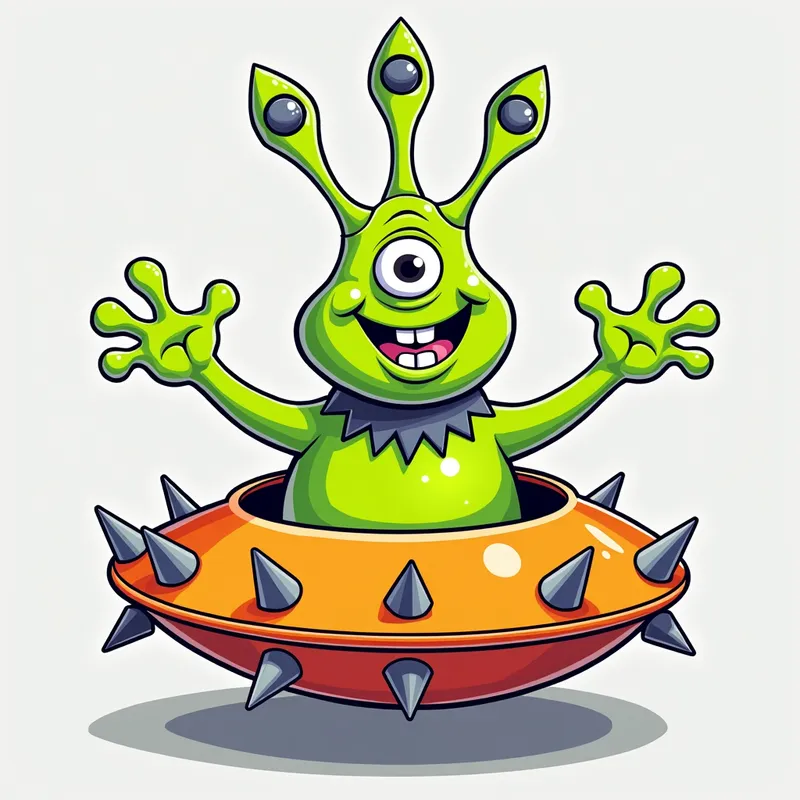 Friendly Alien in Spiky Spaceship - /imagine prompt:Detailed line art illustration A cartoonish, bright green alien creature, positioned centrally in the image. The creature has a bulbous, teardrop shape body, and one large, expressive eye in the middle of its forehead Three oddly shaped fleshy appendages stick straight out from the top of its headi. It is wearing a gothic collar with enormous metal spikes sticking out of it. The creature has a cheerful, grinning expression, with visible, cartoonish teeth. Its arms, also brightly coloured, are outstretched in a welcoming gesture. The creature is sitting in a brightly coloured spaceship with metal spikes sticking out from the sides. The background is a plain, light gray. The style is vibrant, playful, and exaggerated, with bold outlines and bright colors. The lighting is even, casting no significant shadows. The creature's pose is friendly and inviting. The overall impression is of a friendly, cartoon alien character. - AI image generated with Photorealistic 2