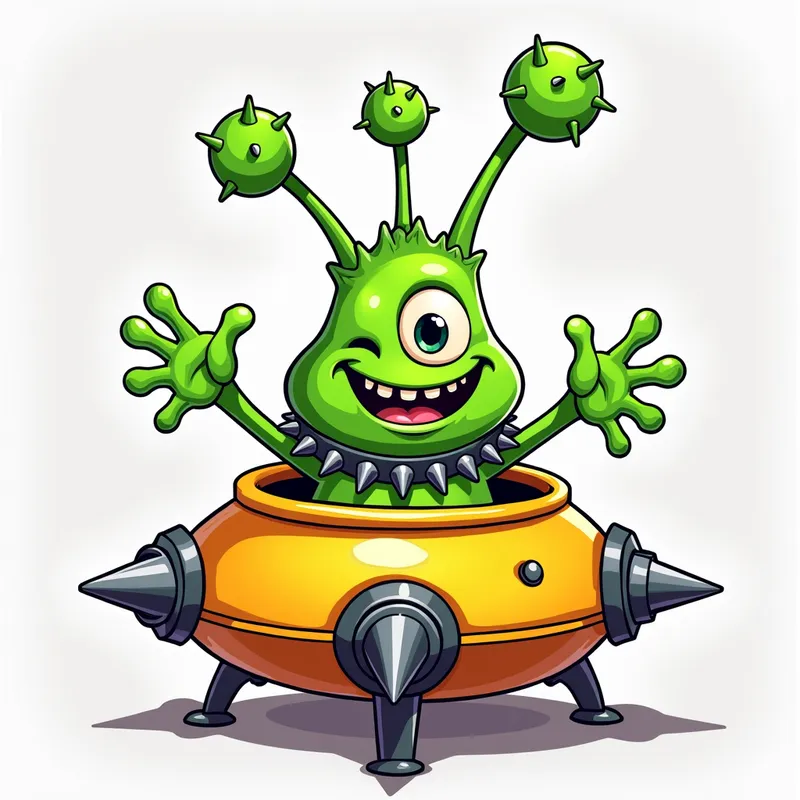 Friendly Alien in Spiky Spaceship - /imagine prompt:Detailed line art illustration A cartoonish, bright green alien creature, positioned centrally in the image. The creature has a bulbous, teardrop shape body, and one large, expressive eye in the middle of its forehead Three oddly shaped fleshy appendages stick straight out from the top of its headi. It is wearing a gothic collar with enormous metal spikes sticking out of it. The creature has a cheerful, grinning expression, with visible, cartoonish teeth. Its arms, also brightly coloured, are outstretched in a welcoming gesture. The creature is sitting in a brightly coloured spaceship with metal spikes sticking out from the sides. The background is a plain, light gray. The style is vibrant, playful, and exaggerated, with bold outlines and bright colors. The lighting is even, casting no significant shadows. The creature's pose is friendly and inviting. The overall impression is of a friendly, cartoon alien character. - AI image generated with Photorealistic 2