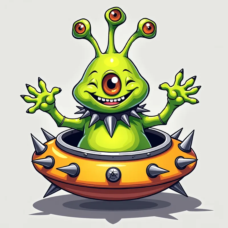 Friendly Alien in Spiky Spaceship - /imagine prompt:Detailed line art illustration A cartoonish, bright green alien creature, positioned centrally in the image. The creature has a bulbous, teardrop shape body, and one large, expressive eye in the middle of its forehead Three oddly shaped fleshy appendages stick straight out from the top of its headi. It is wearing a gothic collar with enormous metal spikes sticking out of it. The creature has a cheerful, grinning expression, with visible, cartoonish teeth. Its arms, also brightly coloured, are outstretched in a welcoming gesture. The creature is sitting in a brightly coloured spaceship with metal spikes sticking out from the sides. The background is a plain, light gray. The style is vibrant, playful, and exaggerated, with bold outlines and bright colors. The lighting is even, casting no significant shadows. The creature's pose is friendly and inviting. The overall impression is of a friendly, cartoon alien character. - AI image generated with Photorealistic 2