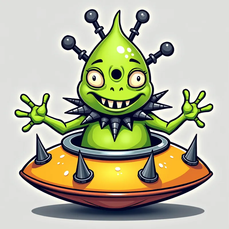 Friendly Alien in Spiky Spaceship - /imagine prompt:Detailed line art illustration A cartoonish, bright green alien creature, positioned centrally in the image. The creature has a bulbous, teardrop shape body, and one large, expressive eye in the middle of its forehead Three oddly shaped fleshy appendages stick straight out from the top of its headi. It is wearing a gothic collar with enormous metal spikes sticking out of it. The creature has a cheerful, grinning expression, with visible, cartoonish teeth. Its arms, also brightly coloured, are outstretched in a welcoming gesture. The creature is sitting in a brightly coloured spaceship with metal spikes sticking out from the sides. The background is a plain, light gray. The style is vibrant, playful, and exaggerated, with bold outlines and bright colors. The lighting is even, casting no significant shadows. The creature's pose is friendly and inviting. The overall impression is of a friendly, cartoon alien character. - AI image generated with Photorealistic 2