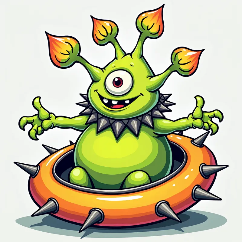 Friendly Alien in Spiky Spaceship - /imagine prompt:Detailed line art illustration A cartoonish, bright green alien creature, positioned centrally in the image. The creature has a bulbous, teardrop shape body, and one large, expressive eye in the middle of its forehead Three oddly shaped fleshy appendages stick straight out from the top of its headi. It is wearing a gothic collar with enormous metal spikes sticking out of it. The creature has a cheerful, grinning expression, with visible, cartoonish teeth.  Its arms, also brightly coloured, are outstretched in a welcoming gesture. The creature is sitting in a brightly coloured spaceship with metal spikes sticking out from the sides. The background is a plain, light gray. The style is vibrant, playful, and exaggerated, with bold outlines and bright colors. The lighting is even, casting no significant shadows. The creature's pose is friendly and inviting. The overall impression is of a friendly, cartoon alien character. - AI image generated with Photorealistic 2