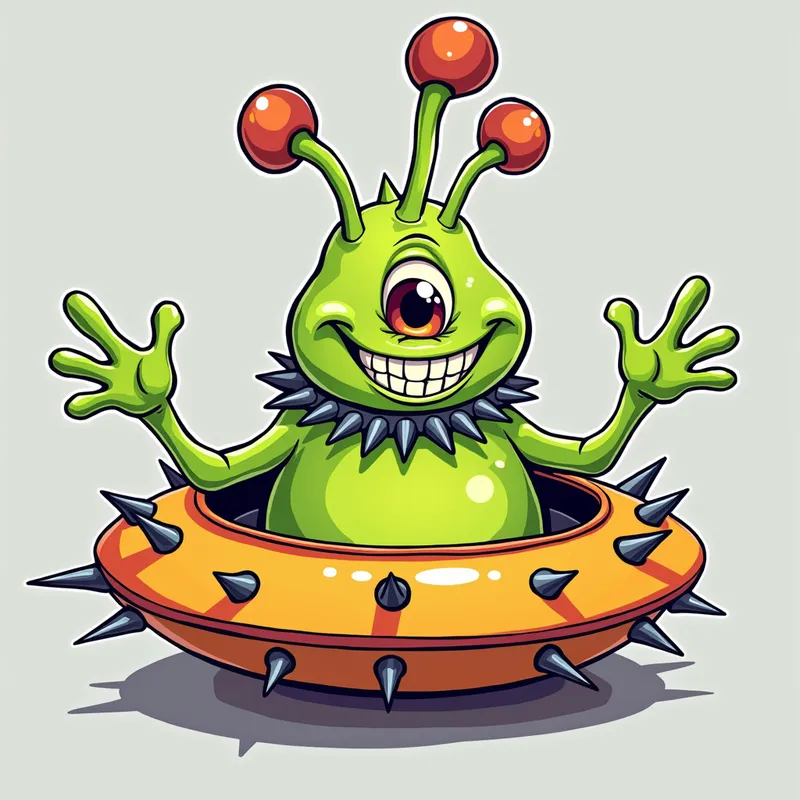 Friendly Alien in Spiky Spaceship - /imagine prompt:Detailed line art illustration A cartoonish, bright green alien creature, positioned centrally in the image. The creature has a bulbous, teardrop shape body, and one large, expressive eye in the middle of its forehead Three oddly shaped fleshy appendages stick straight out from the top of its headi. It is wearing a gothic collar with enormous metal spikes sticking out of it. The creature has a cheerful, grinning expression, with visible, cartoonish teeth.  Its arms, also brightly coloured, are outstretched in a welcoming gesture. The creature is sitting in a brightly coloured spaceship with metal spikes sticking out from the sides. The background is a plain, light gray. The style is vibrant, playful, and exaggerated, with bold outlines and bright colors. The lighting is even, casting no significant shadows. The creature's pose is friendly and inviting. The overall impression is of a friendly, cartoon alien character. - AI image generated with Photorealistic 2