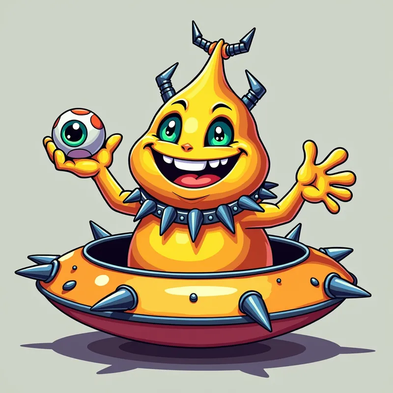 Friendly Alien in Spiky Spaceship - Detailed line art illustration A cartoonish, brightly coloured alien creature, positioned centrally in the image. The creature has a bulbous, teardrop shape body, and three large, expressive, light-green eyes. a hand extends from its head with a eyeball sitting in the palm. It is wearing a gothic collar with enormous metal spikes sticking out of it. The creature has a cheerful, grinning expression, with visible, cartoonish teeth. Its arms, also orange, are outstretched in a welcoming gesture. The creature is sitting in a brightly coloured spaceship with metal spikes sticking out from the sides. The background is a plain, light gray. The style is vibrant, playful, and exaggerated, with bold outlines and bright colors. The lighting is even, casting no significant shadows. The creature's pose is friendly and inviting. The overall impression is of a friendly, cartoon alien character. - AI image generated with Photorealistic 2