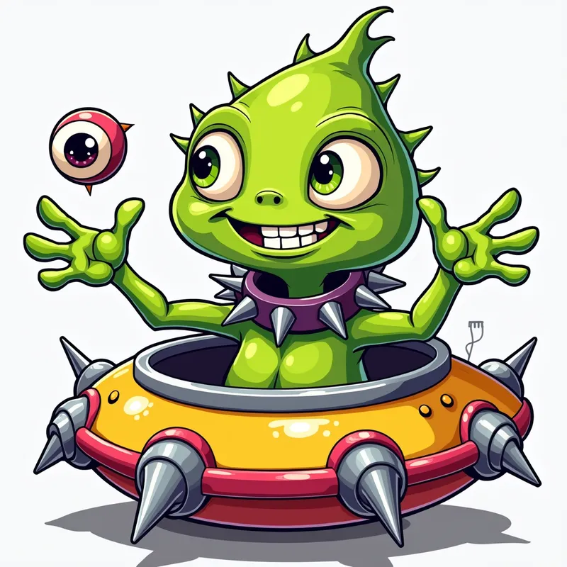 Friendly Alien on Spiked Spaceship - Tangra AI Image Generator