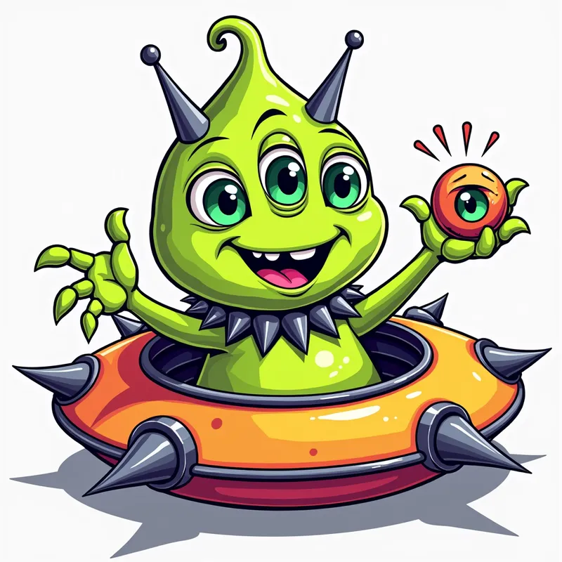 Friendly Alien on Spiked Spaceship - Detailed line art illustration A cartoonish, brightly coloured alien creature, positioned centrally in the image. The creature has a bulbous, teardrop shape body, and three large, expressive, light-green eyes. a hand extends from its head with a eyeball sitting in the palm. It is wearing a gothic collar with enormous metal spikes sticking out of it. The creature has a cheerful, grinning expression, with visible, cartoonish teeth. Its arms, also brightly coloured, are outstretched in a welcoming gesture. The creature is sitting in a brightly coloured spaceship with metal spikes sticking out from the sides. The background is a plain, light gray. The style is vibrant, playful, and exaggerated, with bold outlines and bright colors. The lighting is even, casting no significant shadows. The creature's pose is friendly and inviting. The overall impression is of a friendly, cartoon alien character. - AI image generated with Photorealistic 2