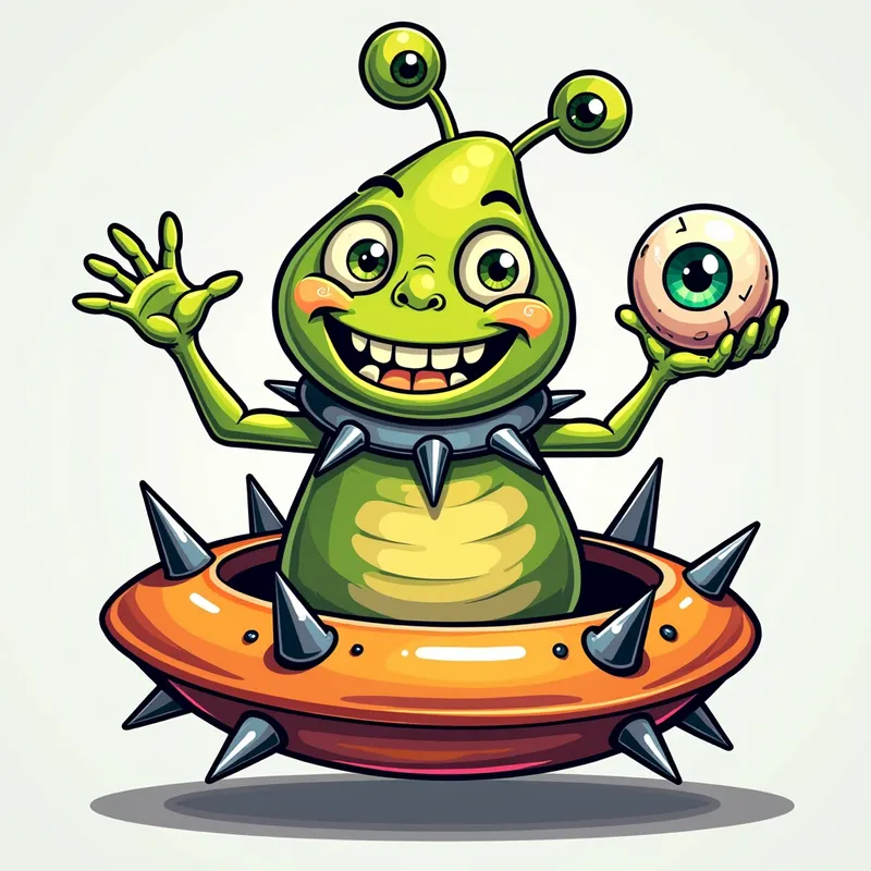 Friendly Alien on Spiked Spaceship - Detailed line art illustration A cartoonish, brightly coloured alien creature, positioned centrally in the image. The creature has a bulbous, teardrop shape body, and three large, expressive, light-green eyes.  a hand extends from its head with a eyeball sitting in the palm. It is wearing a gothic collar with enormous metal spikes sticking out of it. The creature has a cheerful, grinning expression, with visible, cartoonish teeth.  Its arms, also brightly coloured, are outstretched in a welcoming gesture. The creature is sitting in a brightly coloured spaceship with metal spikes sticking out from the sides. The background is a plain, light gray. The style is vibrant, playful, and exaggerated, with bold outlines and bright colors. The lighting is even, casting no significant shadows. The creature's pose is friendly and inviting. The overall impression is of a friendly, cartoon alien character. - AI image generated with Photorealistic 2