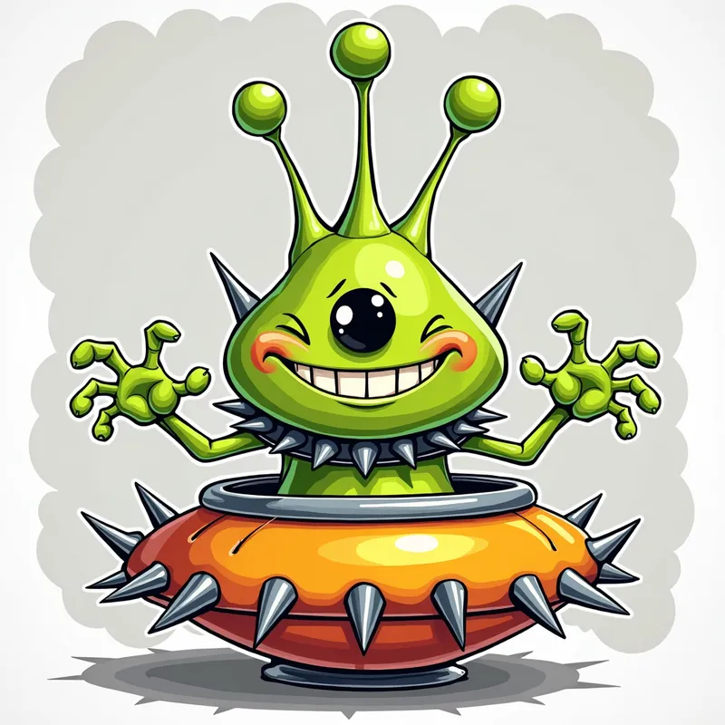 Friendly Alien on Spiky Spaceship - /imagine prompt:Detailed line art illustration A cartoonish, bright green alien creature, positioned centrally in the image. The creature has a bulbous, teardrop shape body, and one large, expressive eye in the middle of its forehead Three oddly shaped fleshy appendages stick straight out from the top of its headi. It is wearing a gothic collar with enormous metal spikes sticking out of it. The creature has a cheerful, grinning expression, with visible, cartoonish teeth. Its arms, also brightly coloured, are outstretched in a welcoming gesture. The creature is sitting in a brightly coloured spaceship with metal spikes sticking out from the sides. The background is a plain, light gray. The style is vibrant, playful, and exaggerated, with bold outlines and bright colors. The lighting is even, casting no significant shadows. The creature's pose is friendly and inviting. The overall impression is of a friendly, cartoon alien character. - AI image generated with Photorealistic 2