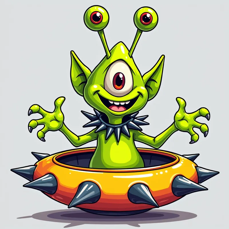 Friendly Alien on Spiky Spaceship - /imagine prompt:Detailed line art illustration A cartoonish, bright green alien creature, positioned centrally in the image. The creature has a bulbous, teardrop shape body, and one large, expressive eye in the middle of its forehead Three oddly shaped fleshy appendages stick straight out from the top of its headi. It is wearing a gothic collar with enormous metal spikes sticking out of it. The creature has a cheerful, grinning expression, with visible, cartoonish teeth.  Its arms, also brightly coloured, are outstretched in a welcoming gesture. The creature is sitting in a brightly coloured spaceship with metal spikes sticking out from the sides. The background is a plain, light gray. The style is vibrant, playful, and exaggerated, with bold outlines and bright colors. The lighting is even, casting no significant shadows. The creature's pose is friendly and inviting. The overall impression is of a friendly, cartoon alien character. - AI image generated with Photorealistic 2