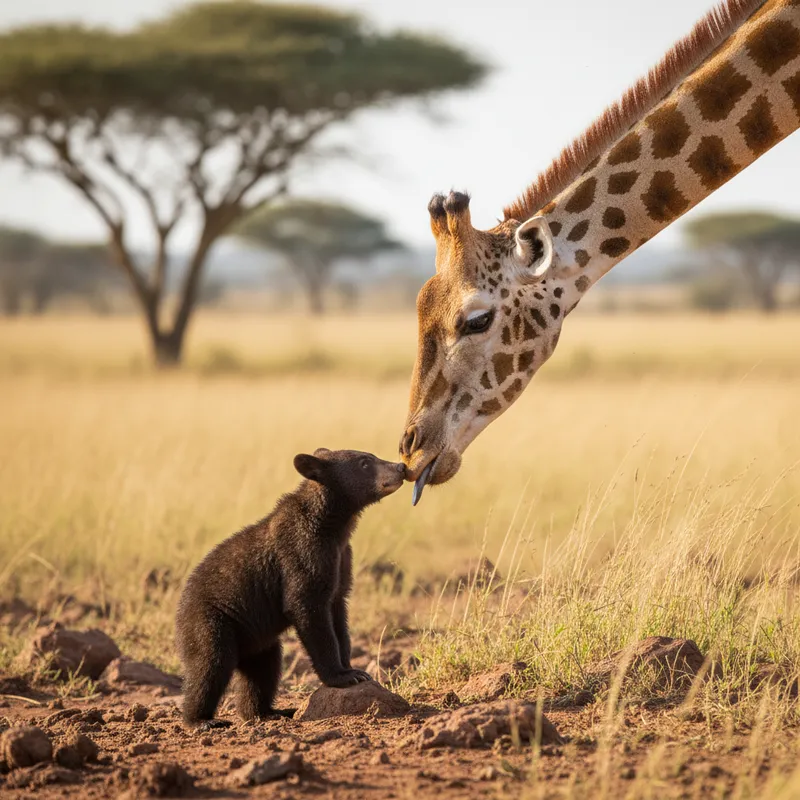 Friendly Bear and Giraffe Meeting - create me a realistic looking cute image of a friendly meeting between a Black Bear and a Giraffe - AI image generated with Nano Banana