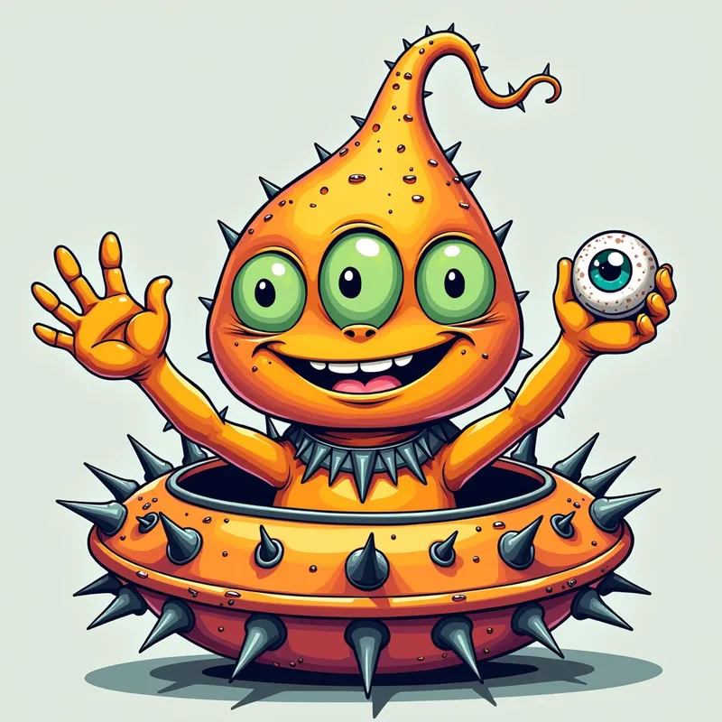 Friendly Cartoon Alien in Spike Ship - Detailed line art illustration A cartoonish, brightly coloured alien creature, positioned centrally in the image. The creature has a bulbous, teardrop shape body, and three large, expressive, light-green eyes. a hand extends from its head with a eyeball sitting in the palm. It is wearing a gothic collar with enormous metal spikes sticking out of it. The creature has a cheerful, grinning expression, with visible, cartoonish teeth. Its arms, also orange, are outstretched in a welcoming gesture. The creature is sitting in a brightly coloured spaceship with metal spikes sticking out from the sides. The background is a plain, light gray. The style is vibrant, playful, and exaggerated, with bold outlines and bright colors. The lighting is even, casting no significant shadows. The creature's pose is friendly and inviting. The overall impression is of a friendly, cartoon alien character. - AI image generated with Photorealistic 2