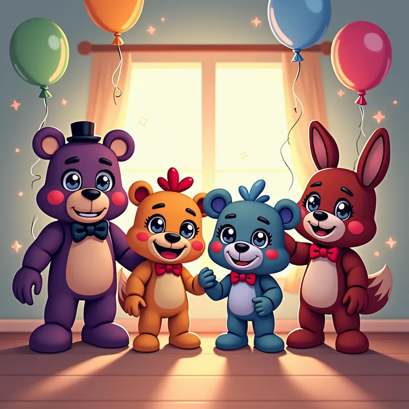 Friendly FNaF Characters in a Party Room - A cute and friendly version of Five Nights at Freddy's characters, with soft colors and rounded edges. Freddy Fazbear, Chica, Bonnie, and Foxy are smiling and waving, standing in a cheerful and brightly lit room decorated with balloons and streamers. - AI image generated with Photorealistic 2