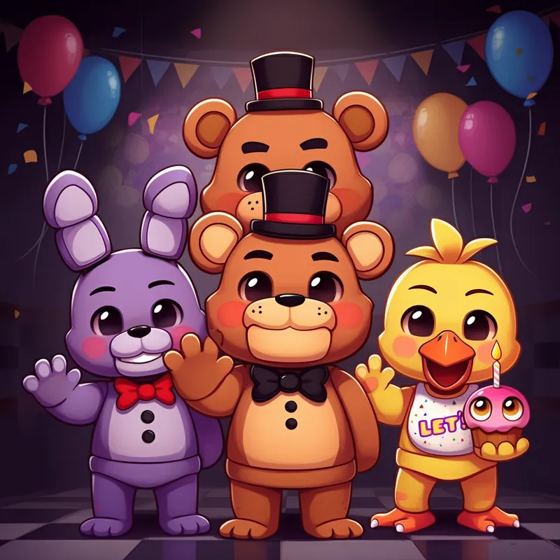 Friendly FNaF Characters in a Party Room - A cute and friendly version of Five Nights at Freddy's characters, with soft colors and rounded edges. Freddy Fazbear, Chica, Bonnie, and Foxy are smiling and waving, standing in a cheerful and brightly lit room decorated with balloons and streamers. - AI image generated with Imagen 3