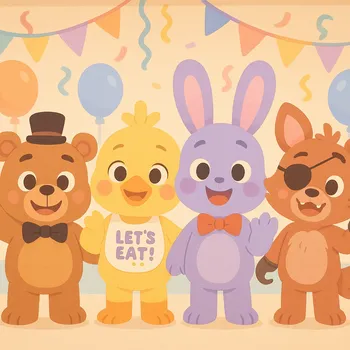 Friendly FNaF Characters in a Party Room