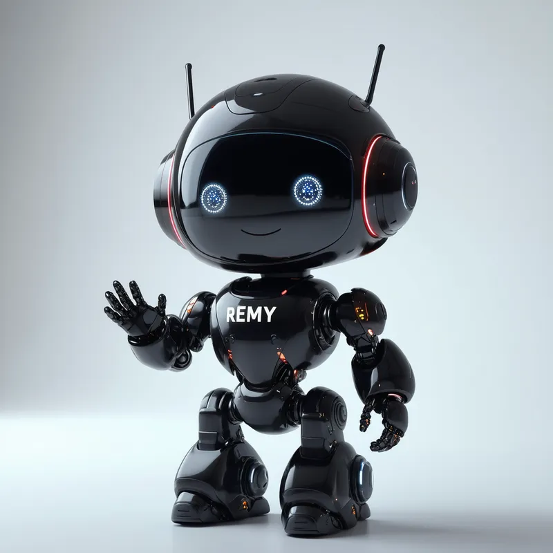 Friendly Futuristic Robot Remy - A cute and futuristic robot named Remy with a glossy black body and red accents on the shoulders and ears. The robot's face is a sleek black screen featuring glowing white eyes and a friendly smile. Remy is waving with its right hand and floating just above the ground, casting a soft shadow below. The name "REMY" is written boldly on its chest. The background is simple white. Remy looks approachable and playful, ideal for a virtual assistant or educational mascot.
Would you like to add any specific details or effects?