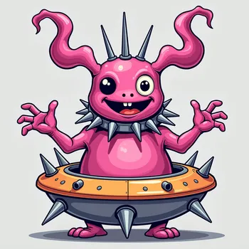 Friendly Pink Alien in Spiky Spaceship