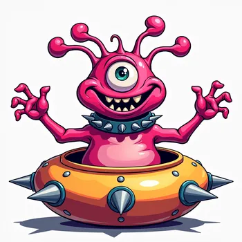 Friendly Pink Alien in Spiky Spaceship