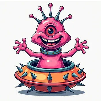 Friendly Pink Alien in Spiky Spaceship