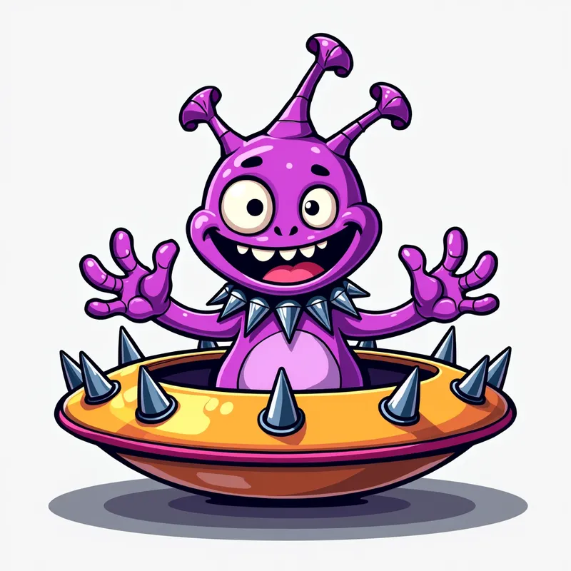 Friendly Purple Alien in Spiky Spaceship - Detailed line art illustration A cartoonish, fluorescent purple alien creature, positioned centrally in the image. The creature has a bulbous, teardrop shape body, and one large, expressive eyes. Three fleshy appendages stick straight out from the top of its headi. It is wearing a gothic collar with enormous metal spikes sticking out of it. The creature has a cheerful, grinning expression, with visible, cartoonish teeth.  Its arms, also brightly coloured, are outstretched in a welcoming gesture. The creature is sitting in a brightly coloured spaceship with metal spikes sticking out from the sides. The background is a plain, light gray. The style is vibrant, playful, and exaggerated, with bold outlines and bright colors. The lighting is even, casting no significant shadows. The creature's pose is friendly and inviting. The overall impression is of a friendly, cartoon alien character. - AI image generated with Photorealistic 2