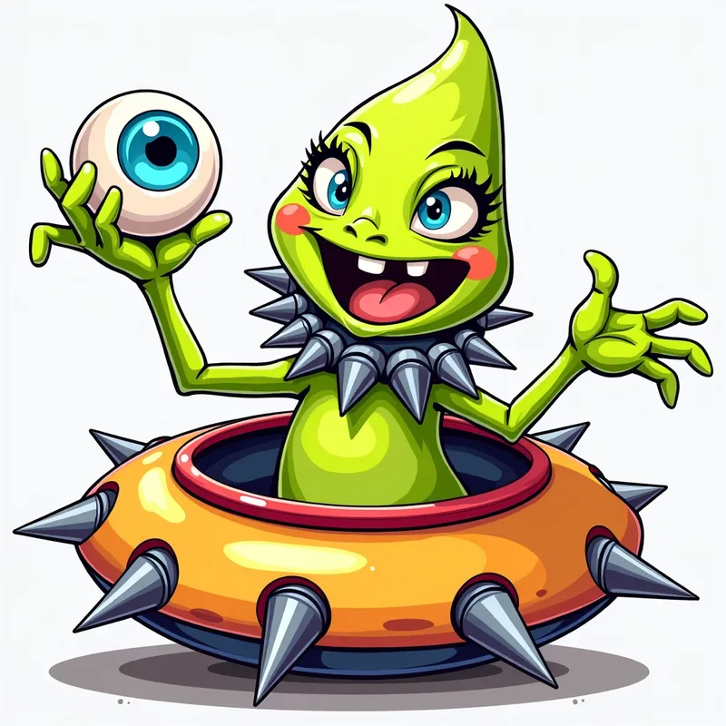 Friendly Spiked Alien in Spaceship - Detailed line art illustration A cartoonish, brightly coloured alien creature, positioned centrally in the image. The creature has a bulbous, teardrop shape body, and three large, expressive eyes.  a hand extends from the top of  its head with a white eyeball with bright blue iris, sitting in the palm. It is wearing a gothic collar with enormous metal spikes sticking out of it. The creature has a cheerful, grinning expression, with visible, cartoonish teeth.  Its arms, also brightly coloured, are outstretched in a welcoming gesture. The creature is sitting in a brightly coloured spaceship with metal spikes sticking out from the sides. The background is a plain, light gray. The style is vibrant, playful, and exaggerated, with bold outlines and bright colors. The lighting is even, casting no significant shadows. The creature's pose is friendly and inviting. The overall impression is of a friendly, cartoon alien character. - AI image generated with Photorealistic 2