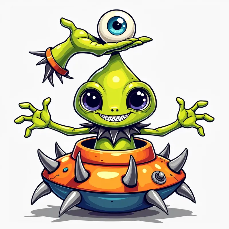 Friendly Spiked Alien in Spaceship - Detailed line art illustration A cartoonish, brightly coloured alien creature, positioned centrally in the image. The creature has a bulbous, teardrop shape body, and three large, expressive eyes.  a hand extends from the top of  its head with a white eyeball with bright blue iris, sitting in the palm. It is wearing a gothic collar with enormous metal spikes sticking out of it. The creature has a cheerful, grinning expression, with visible, cartoonish teeth.  Its arms, also brightly coloured, are outstretched in a welcoming gesture. The creature is sitting in a brightly coloured spaceship with metal spikes sticking out from the sides. The background is a plain, light gray. The style is vibrant, playful, and exaggerated, with bold outlines and bright colors. The lighting is even, casting no significant shadows. The creature's pose is friendly and inviting. The overall impression is of a friendly, cartoon alien character. - AI image generated with Photorealistic 2