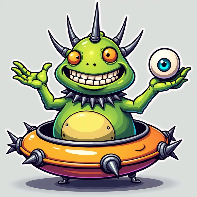 Friendly Spiky Alien Cartoon - Detailed line art illustration A cartoonish, brightly coloured alien creature, positioned centrally in the image. The creature has a bulbous, teardrop shape body, and three large, expressive eyes.  a hand extends from the top of  its head with a white eyeball with bright blue iris, sitting in the palm. It is wearing a gothic collar with enormous metal spikes sticking out of it. The creature has a cheerful, grinning expression, with visible, cartoonish teeth.  Its arms, also brightly coloured, are outstretched in a welcoming gesture. The creature is sitting in a brightly coloured spaceship with metal spikes sticking out from the sides. The background is a plain, light gray. The style is vibrant, playful, and exaggerated, with bold outlines and bright colors. The lighting is even, casting no significant shadows. The creature's pose is friendly and inviting. The overall impression is of a friendly, cartoon alien character. - AI image generated with Photorealistic 2