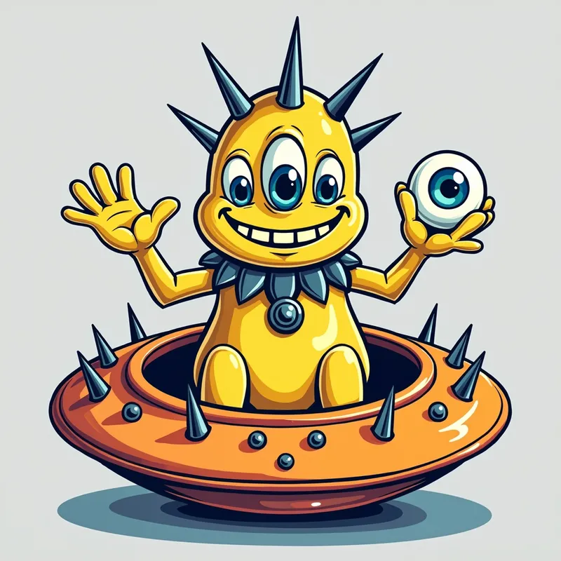 Friendly Spiky Alien Cartoon - Detailed line art illustration A cartoonish, brightly coloured alien creature, positioned centrally in the image. The creature has a bulbous, teardrop shape body, and three large, expressive eyes. a hand extends from the top of its head with a white eyeball with bright blue iris, sitting in the palm. It is wearing a gothic collar with enormous metal spikes sticking out of it. The creature has a cheerful, grinning expression, with visible, cartoonish teeth. Its arms, also brightly coloured, are outstretched in a welcoming gesture. The creature is sitting in a brightly coloured spaceship with metal spikes sticking out from the sides. The background is a plain, light gray. The style is vibrant, playful, and exaggerated, with bold outlines and bright colors. The lighting is even, casting no significant shadows. The creature's pose is friendly and inviting. The overall impression is of a friendly, cartoon alien character. - AI image generated with Photorealistic 2