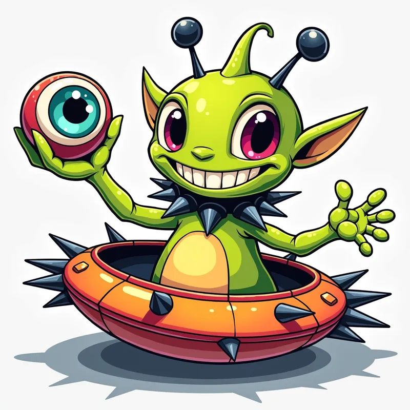 Friendly Spiky Alien in Bright Spaceship - Detailed line art illustration A cartoonish, brightly coloured alien creature, positioned centrally in the image. The creature has a bulbous, teardrop shape body, and three large, expressive eyes.  a hand extends from its head with a eyeball sitting in the palm. It is wearing a gothic collar with enormous metal spikes sticking out of it. The creature has a cheerful, grinning expression, with visible, cartoonish teeth.  Its arms, also brightly coloured, are outstretched in a welcoming gesture. The creature is sitting in a brightly coloured spaceship with metal spikes sticking out from the sides. The background is a plain, light gray. The style is vibrant, playful, and exaggerated, with bold outlines and bright colors. The lighting is even, casting no significant shadows. The creature's pose is friendly and inviting. The overall impression is of a friendly, cartoon alien character. - AI image generated with Photorealistic 2