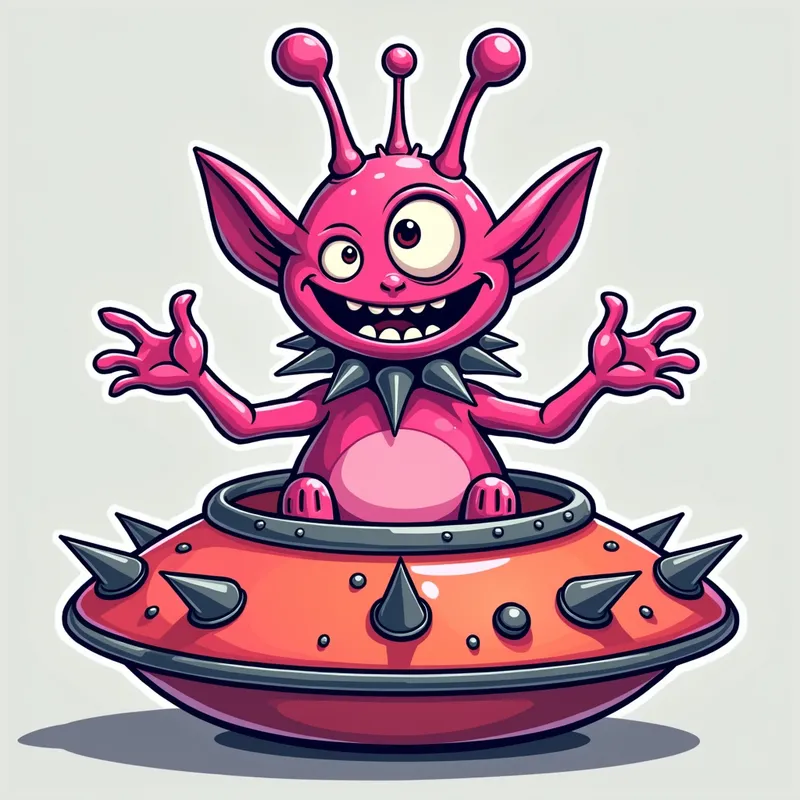 Friendly Spiky Alien in Spaceship - Detailed line art illustration A cartoonish, fluorescent pink alien creature, positioned centrally in the image. The creature has a bulbous, teardrop shape body, and one large, expressive eye in the middle of its forehead Three oddly shaped fleshy appendages stick straight out from the top of its headi. It is wearing a gothic collar with enormous metal spikes sticking out of it. The creature has a cheerful, grinning expression, with visible, cartoonish teeth. Its arms, also brightly coloured, are outstretched in a welcoming gesture. The creature is sitting in a brightly coloured spaceship with metal spikes sticking out from the sides. The background is a plain, light gray. The style is vibrant, playful, and exaggerated, with bold outlines and bright colors. The lighting is even, casting no significant shadows. The creature's pose is friendly and inviting. The overall impression is of a friendly, cartoon alien character. - AI image generated with Photorealistic 2