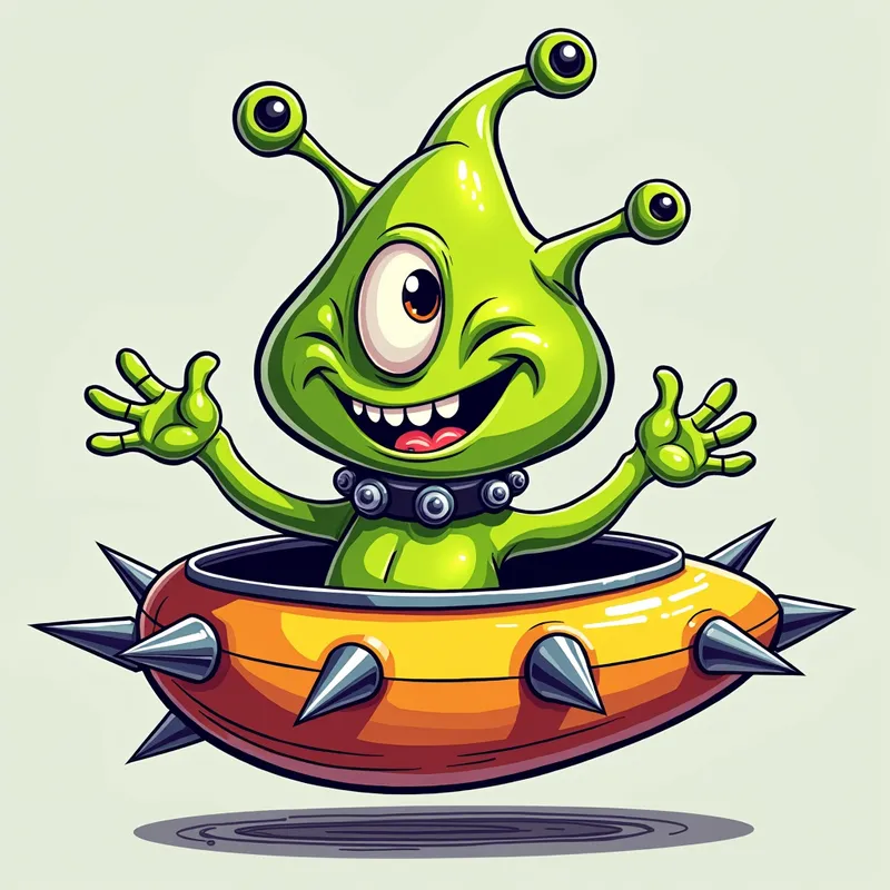 Friendly Spiky Alien in Spaceship - /imagine prompt:Detailed line art illustration A cartoonish, bright green alien creature, positioned centrally in the image. The creature has a bulbous, teardrop shape body, and one large, expressive eye in the middle of its forehead Three oddly shaped fleshy appendages stick straight out from the top of its headi. It is wearing a gothic collar with enormous metal spikes sticking out of it. The creature has a cheerful, grinning expression, with visible, cartoonish teeth.  Its arms, also brightly coloured, are outstretched in a welcoming gesture. The creature is sitting in a brightly coloured spaceship with metal spikes sticking out from the sides. The background is a plain, light gray. The style is vibrant, playful, and exaggerated, with bold outlines and bright colors. The lighting is even, casting no significant shadows. The creature's pose is friendly and inviting. The overall impression is of a friendly, cartoon alien character. - AI image generated with Photorealistic 2