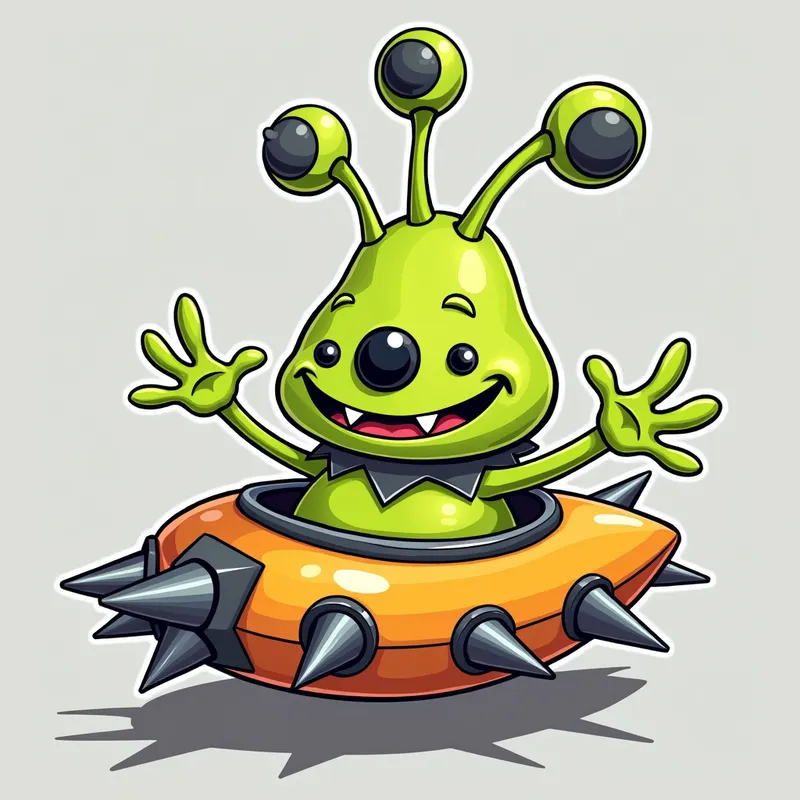 Friendly Spiky Alien in Spaceship - /imagine prompt:Detailed line art illustration A cartoonish, bright green alien creature, positioned centrally in the image. The creature has a bulbous, teardrop shape body, and one large, expressive eye in the middle of its forehead Three oddly shaped fleshy appendages stick straight out from the top of its headi. It is wearing a gothic collar with enormous metal spikes sticking out of it. The creature has a cheerful, grinning expression, with visible, cartoonish teeth.  Its arms, also brightly coloured, are outstretched in a welcoming gesture. The creature is sitting in a brightly coloured spaceship with metal spikes sticking out from the sides. The background is a plain, light gray. The style is vibrant, playful, and exaggerated, with bold outlines and bright colors. The lighting is even, casting no significant shadows. The creature's pose is friendly and inviting. The overall impression is of a friendly, cartoon alien character. - AI image generated with Photorealistic 2