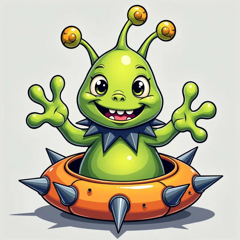 Friendly Spiky Alien in Spaceship - /imagine prompt:Detailed line art illustration A cartoonish, bright green alien creature, positioned centrally in the image. The creature has a bulbous, teardrop shape body, and one large, expressive eye in the middle of its forehead Three oddly shaped fleshy appendages stick straight out from the top of its headi. It is wearing a gothic collar with enormous metal spikes sticking out of it. The creature has a cheerful, grinning expression, with visible, cartoonish teeth. Its arms, also brightly coloured, are outstretched in a welcoming gesture. The creature is sitting in a brightly coloured spaceship with metal spikes sticking out from the sides. The background is a plain, light gray. The style is vibrant, playful, and exaggerated, with bold outlines and bright colors. The lighting is even, casting no significant shadows. The creature's pose is friendly and inviting. The overall impression is of a friendly, cartoon alien character. - AI image generated with Photorealistic 2
