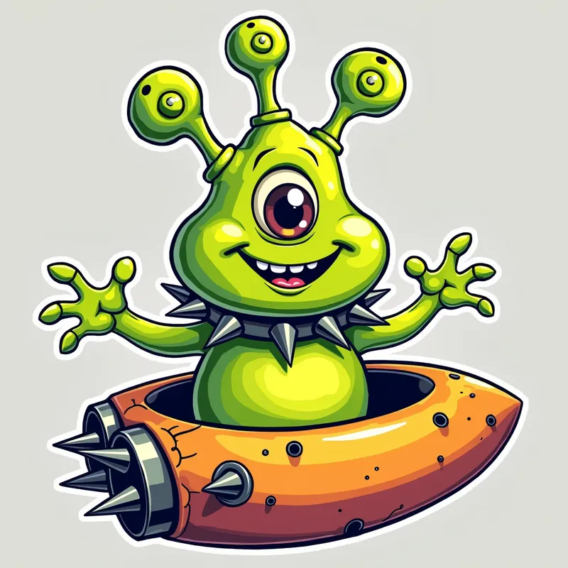 Friendly Spiky Alien in Spaceship - /imagine prompt:Detailed line art illustration A cartoonish, bright green alien creature, positioned centrally in the image. The creature has a bulbous, teardrop shape body, and one large, expressive eye in the middle of its forehead Three oddly shaped fleshy appendages stick straight out from the top of its headi. It is wearing a gothic collar with enormous metal spikes sticking out of it. The creature has a cheerful, grinning expression, with visible, cartoonish teeth. Its arms, also brightly coloured, are outstretched in a welcoming gesture. The creature is sitting in a brightly coloured spaceship with metal spikes sticking out from the sides. The background is a plain, light gray. The style is vibrant, playful, and exaggerated, with bold outlines and bright colors. The lighting is even, casting no significant shadows. The creature's pose is friendly and inviting. The overall impression is of a friendly, cartoon alien character. - AI image generated with Photorealistic 2