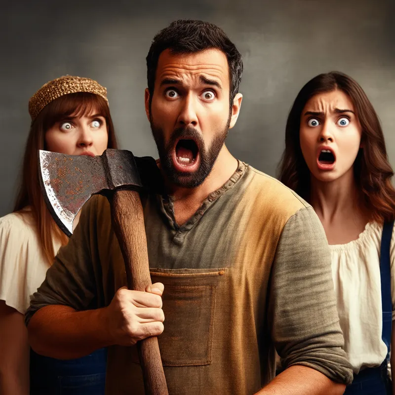 Frightened Axe-Wielders - a man holding a rusty iron axe looking frightened with two people beside him also looking frightened