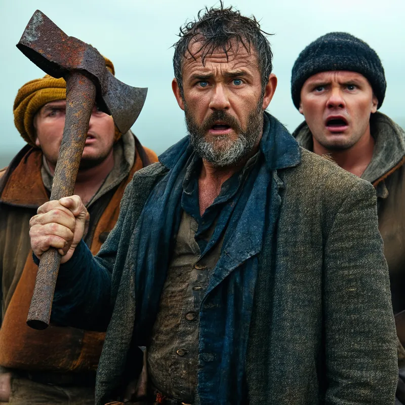 Frightened Men, Rusty Axe - a man holding a rusty iron axe and two men beside him, all looking frightened