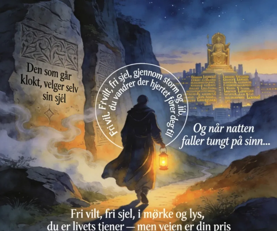 Fri sjel, fri vilje - Vers 1
I skyggenes dal der de første går,
der vinden bærer ord som ingen forstår,
står en gammel visdom risset i fjell:
Den som går klokt, velger selv sin sjel.
For makt er en flamme som brenner alt ned,
men viljen er fri når du følger din fred.
Fra første pust til siste skritt,
er du livets tjener — men veien er ditt.
Refreng
Fri vilt, fri sjel, gjennom storm og ild,
du vandrer der hjertet fører deg til.
Ingen konge kan eie den som står støtt,
ingen herre kan binde den som har bløtt.
For kloke går stille, men bærer sin kraft,
og tjener kun den de selv har valgt.
Fri vilt, fri sjel, i mørke og lys,
du er livets tjener — men veien er din pris.
Vers 2
I byens gater hvor makten bor,
der lover skrives i gull og ord,
står mange som bøyer seg for en trone,
men mister seg selv for å tjene en krone.
Men den som er født med en fri manns sinn,
vet at styrke bor dypere enn skinn.
For hjertet er kompasset som aldri bedrar,
og frihet er mer enn de lenker du har.
Refreng
Fri vilt, fri sjel, gjennom storm og ild,
du vandrer der hjertet fører deg til.
Ingen konge kan eie den som står støtt,
ingen herre kan binde den som har bløtt.
For kloke går stille, men bærer sin kraft,
og tjener kun den de selv har valgt.
Fri vilt, fri sjel, i mørke og lys,
du er livets tjener — men veien er din pris.
Bro
Og når natten faller tungt på sinn,
og verden krever mer enn du har i din,
da husk at du ble født som et fritt element,
ikke skapt for å leve i noens regiment.
For livet er villt, og livet er stort,
og ingen kan eie ditt siste ord.
Du vandrer alene, men aldri forlatt —
for frihetens flamme er alltid din skatt.
Vers 3
Så gå dine stier med ro i bryst,
la sannhet være din eneste lyst.
For den som er klok, går ikke for makt,
men for kjærlighet, ære og egenakt.
Fra fødsel til død er du mer enn en tjener,
du er en vandrer, en vokter, en som mener
at livet er større enn lover og menn —
og fri vilje er gaven du bærer igjen.
Siste refreng
Fri vilt, fri sjel, gjennom storm og ild,
du vandrer der hjertet - AI video generated with Lite